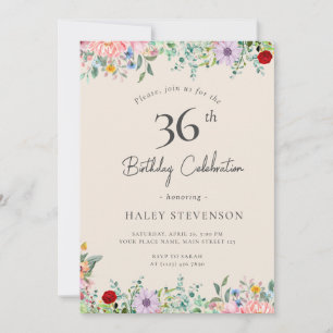 Wildflower Rustic Boho 36th Birthday Simple Beige Invitation