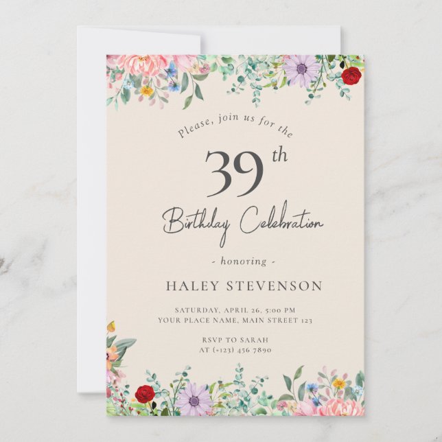 Wildflower Rustic Boho 39th Birthday Simple Beige Invitation (Front)