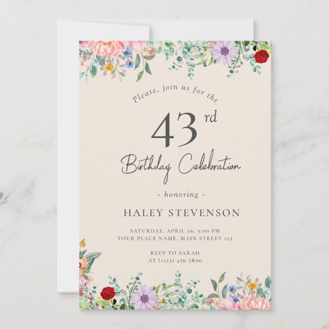 Wildflower Rustic Boho 43rd Birthday Simple Beige Invitation (Front)