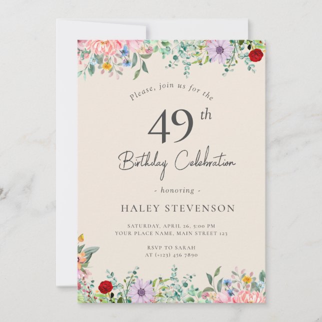 Wildflower Rustic Boho 49th Birthday Simple Beige Invitation (Front)