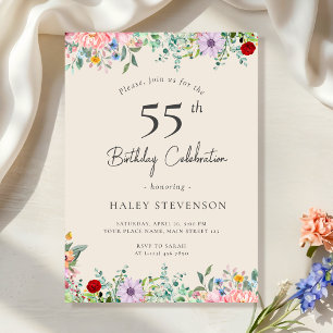 Wildflower Rustic Boho 55th Birthday Simple Beige Invitation