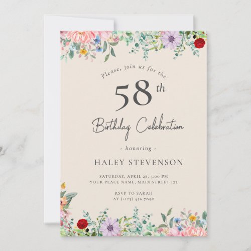 Wildflower Rustic Boho 58th Birthday Simple Beige Invitation