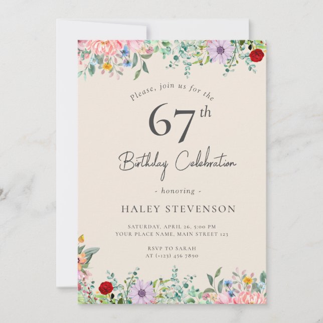Wildflower Rustic Boho 67th Birthday Simple Beige Invitation (Front)