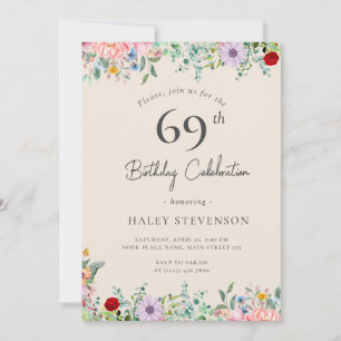 Wildflower Rustic Boho 69th Birthday Simple Beige Invitation