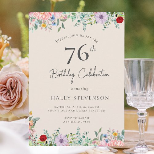 Wildflower Rustic Boho 76th Birthday Simple Beige Invitation