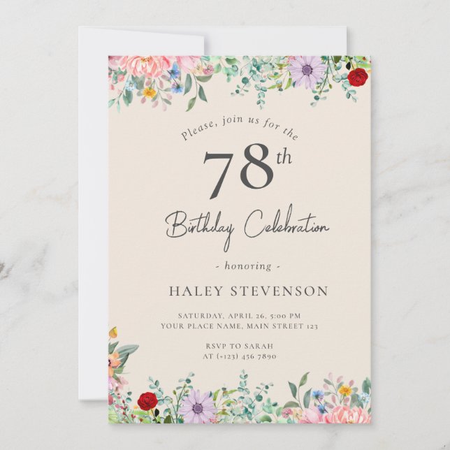 Wildflower Rustic Boho 78th Birthday Simple Beige Invitation (Front)