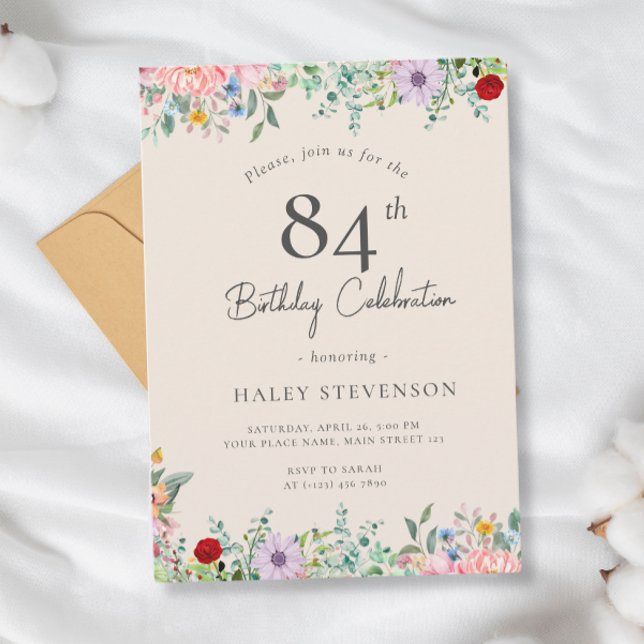 Wildflower Rustic Boho 84th Birthday Simple Beige Invitation (Creator Uploaded)