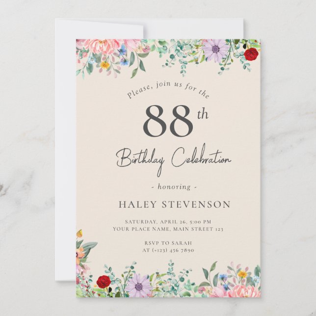Wildflower Rustic Boho 88th Birthday Simple Beige Invitation (Front)