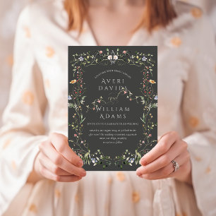 Wildflower Rustic Boho Floral Black Wedding Invitation