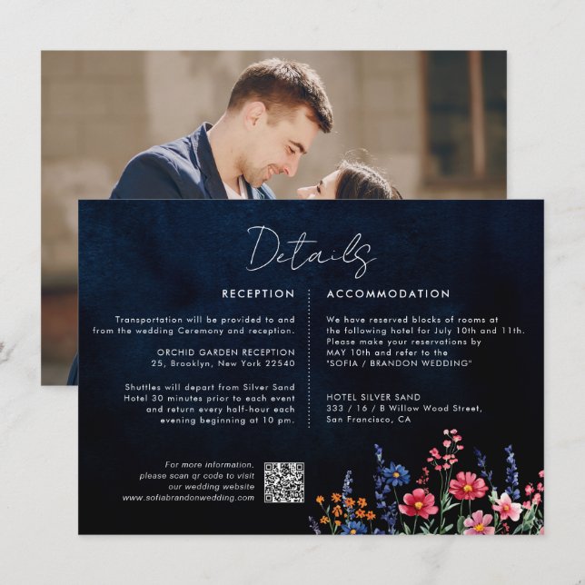 Wildflower Rustic Boho Floral Navy Wedding Details Enclosure Card (Front/Back)