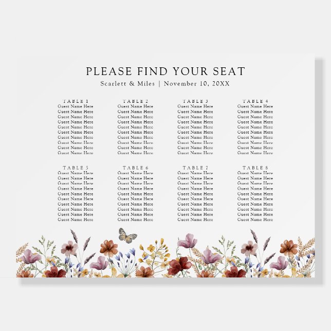 Wildflower Rustic Boho Seating Chart Foam Board (Front)