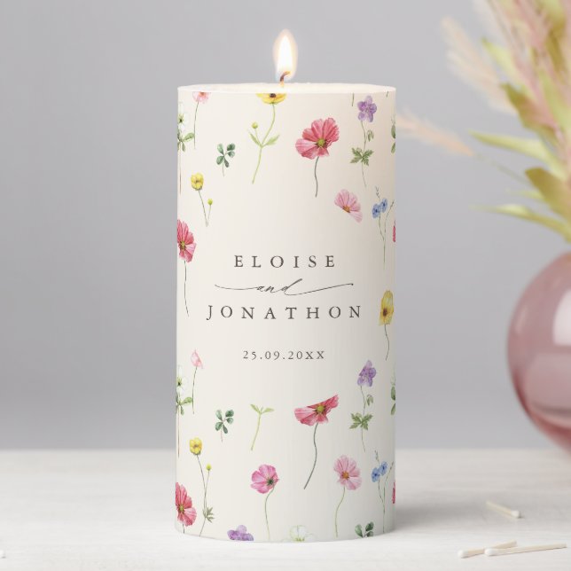 Wildflower Rustic Chic Floral Boho Country Wedding Pillar Candle (In Situ)