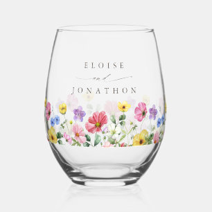 Wildflower Rustic Chic Floral Boho Country Wedding Stemless Wine Glass