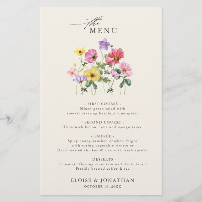 Wildflower Rustic Chic Floral Boho Wedding Menu (Front)