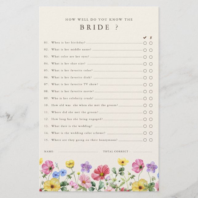 Wildflower Rustic Chic Floral  Bridal Shower Game (Front)