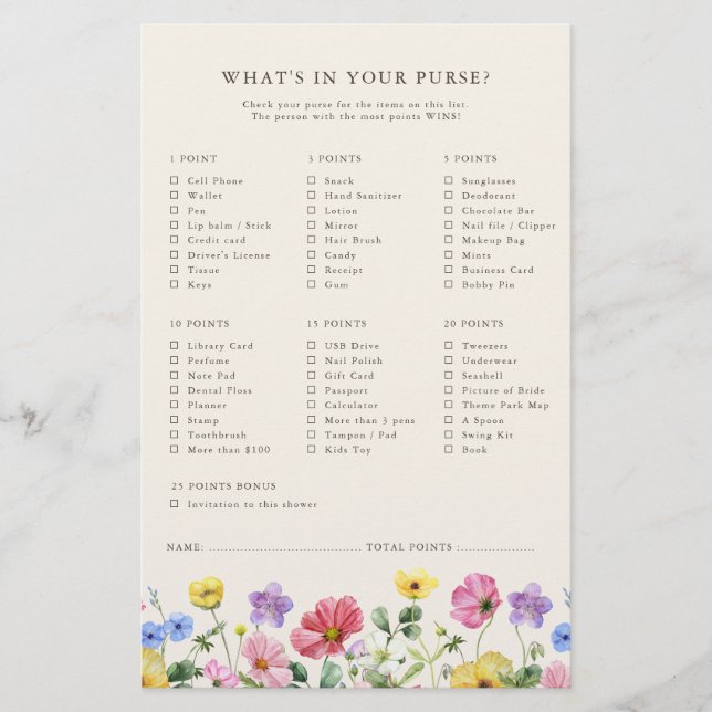 Wildflower Rustic Chic Floral  Bridal Shower Game (Front)