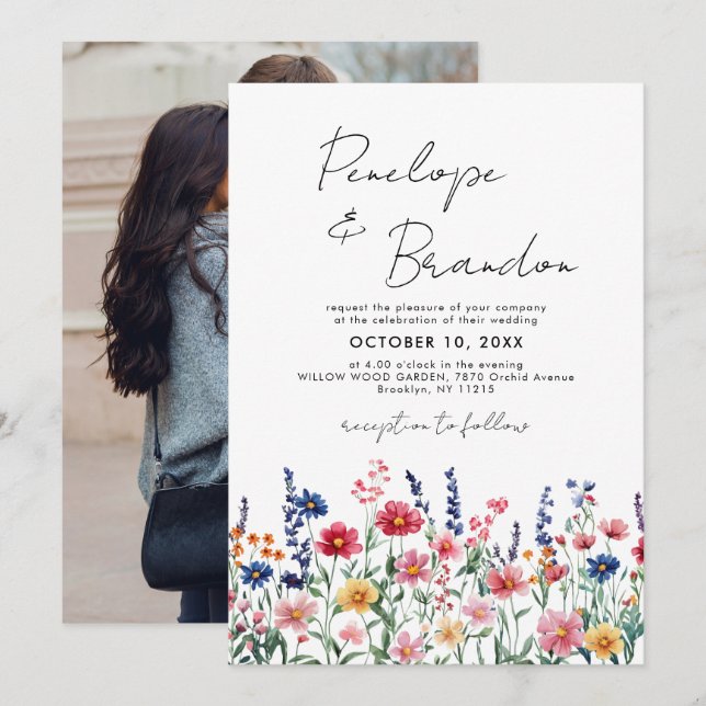 Wildflower Rustic Country Boho chic Photo Wedding Invitation (Front/Back)