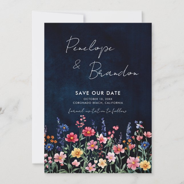 Wildflower Rustic Country Boho Floral Navy Photo S Save The Date (Front)