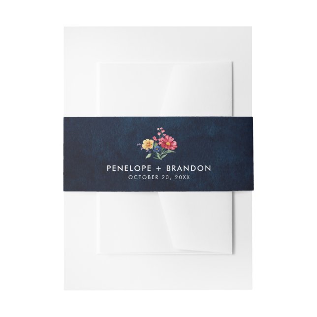 Wildflower Rustic Country Boho Floral Navy Wedding Invitation Belly Band (Front Example)