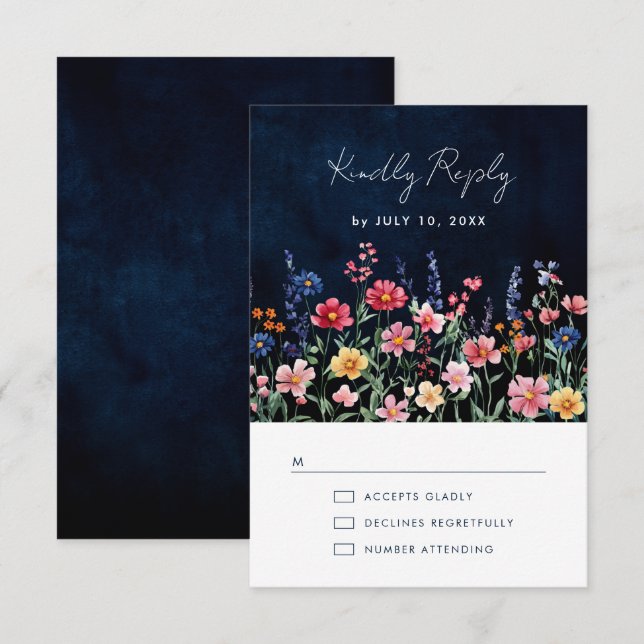 Wildflower Rustic Country Boho Floral Navy Wedding RSVP Card (Front/Back)