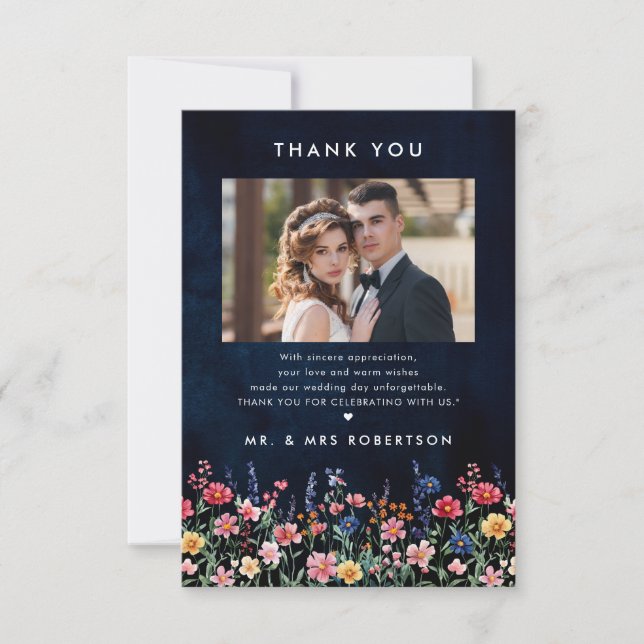 Wildflower Rustic Country Boho Floral Navy Wedding Thank You Card (Front)