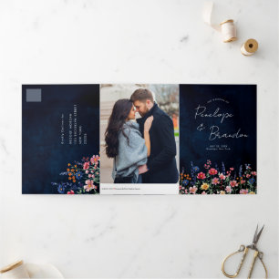 Wildflower Rustic Country Boho Floral Navy Wedding Tri-Fold Announcement
