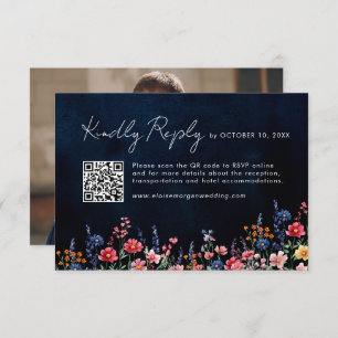 Wildflower Rustic Country Boho Navy QR Code Photo RSVP Card