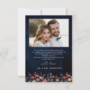 Wildflower Rustic Country Boho Navy Wedding Photo Thank You Card