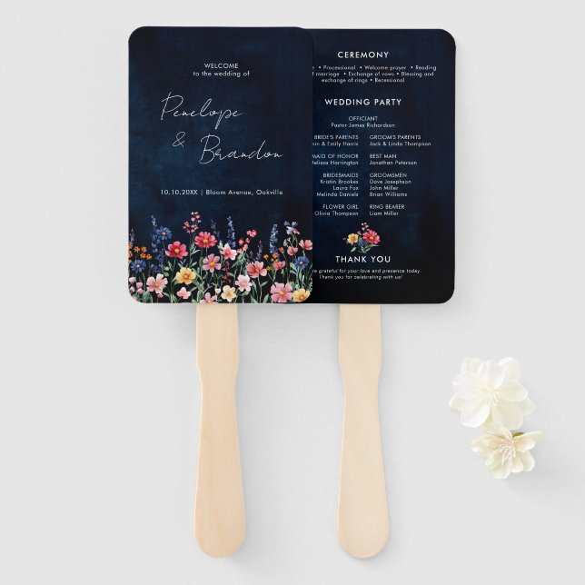 Wildflower Rustic Country Boho Wedding Program Hand Fan (Front and Back)
