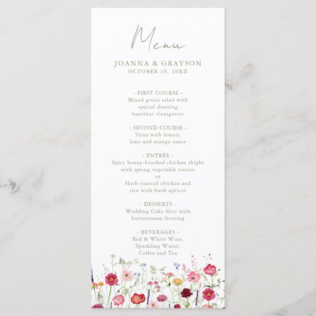 Wildflower Rustic Country Floral Garden Wedding Menu (Front)
