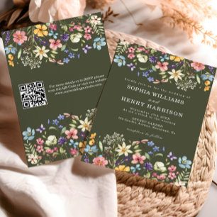 Wildflower Rustic Country Green Wedding QR Code Invitation