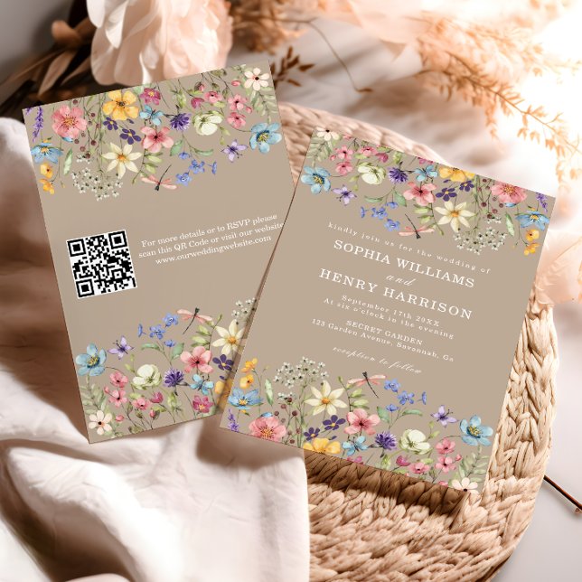 Wildflower Rustic Country Taupe Wedding QR Code  Invitation (Creator Uploaded)