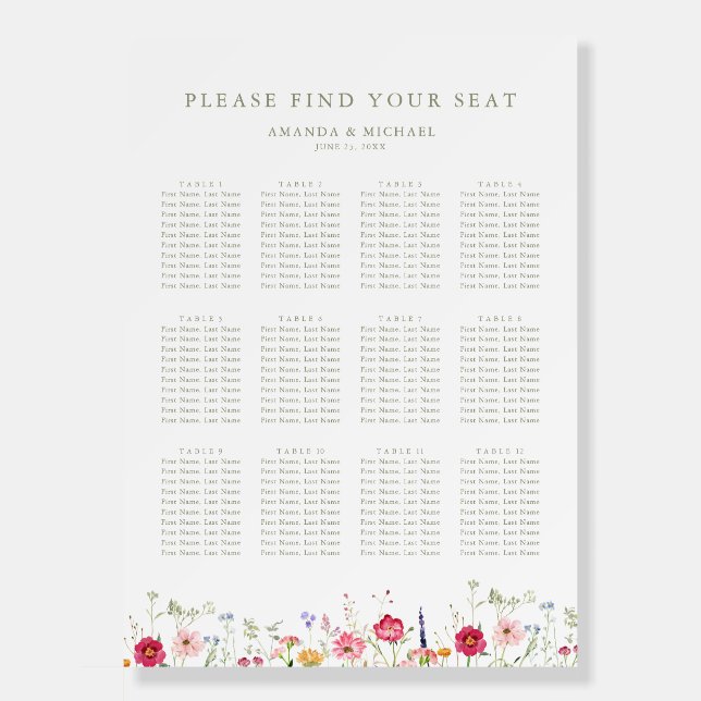 Wildflower Rustic Country  Wedding Seating Chart Foam Board (Front)