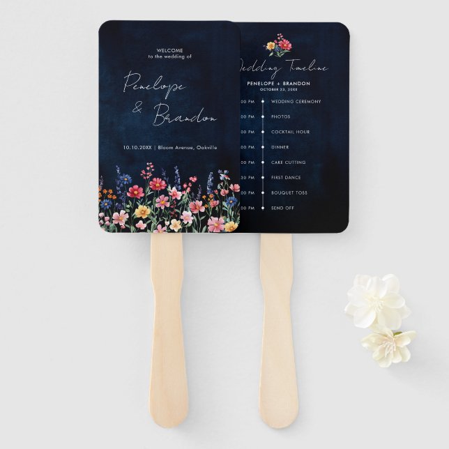 Wildflower Rustic Floral Navy Wedding Timeline Hand Fan (Front and Back)