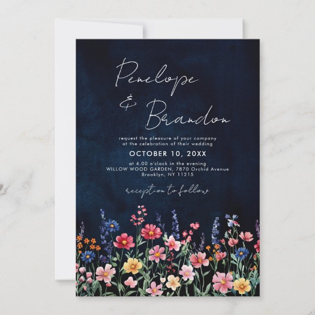Wildflower Rustic QR Code Floral Navy Wedding Invitation (Front)