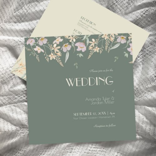Wildflower Sage Deco Square All in One Wedding Invitation