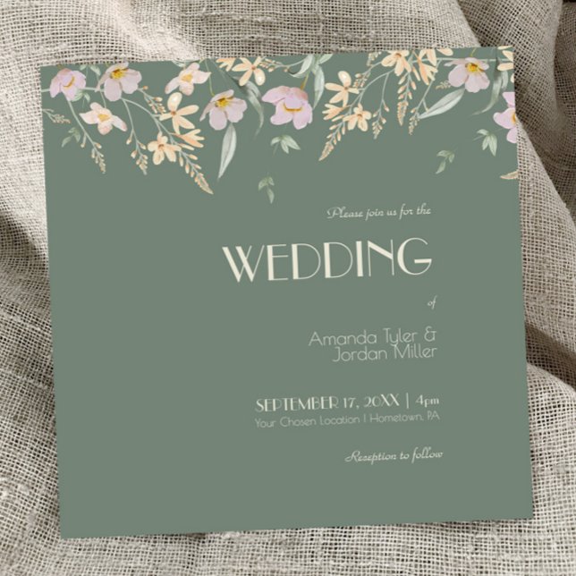 Wildflower Sage Deco Square Wedding Invitation (Creator Uploaded)