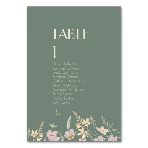 Wildflower Sage Deco Table Number with Guests