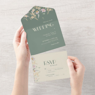Wildflower Sage Deco Wedding All In One Invitation