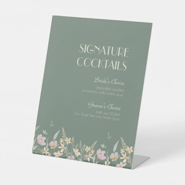 Wildflower Sage Deco Wedding Cocktail Menu Pedestal Sign (Front)