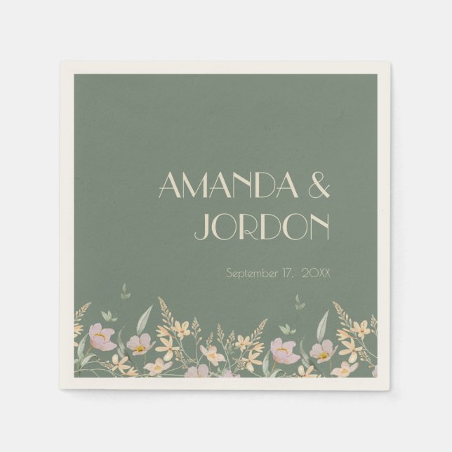 Wildflower Sage Deco Wedding Cocktail Napkins (Front)