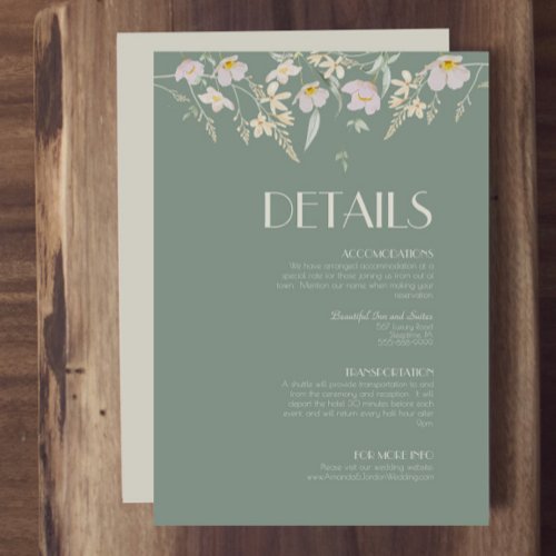 Wildflower Sage Deco Wedding Details Enclosure Card