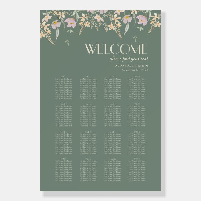 Wildflower Sage Deco Wedding Seating Chart Welcome Foam Board (Front)