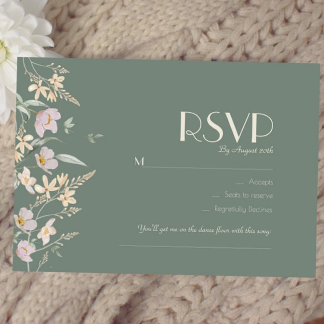 Wildflower Sage Deco Wedding Song Request RSVP Card (Creator Uploaded)