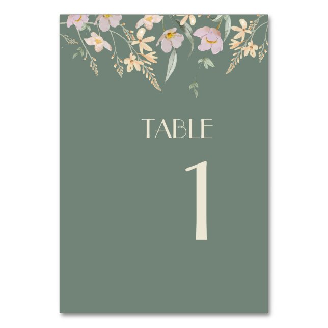 Wildflower Sage Deco Wedding Table Numbers Sign (Front)