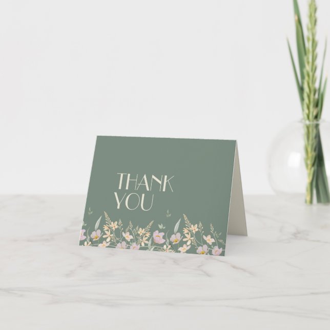 Wildflower Sage Deco Wedding Thank You Card (Front)