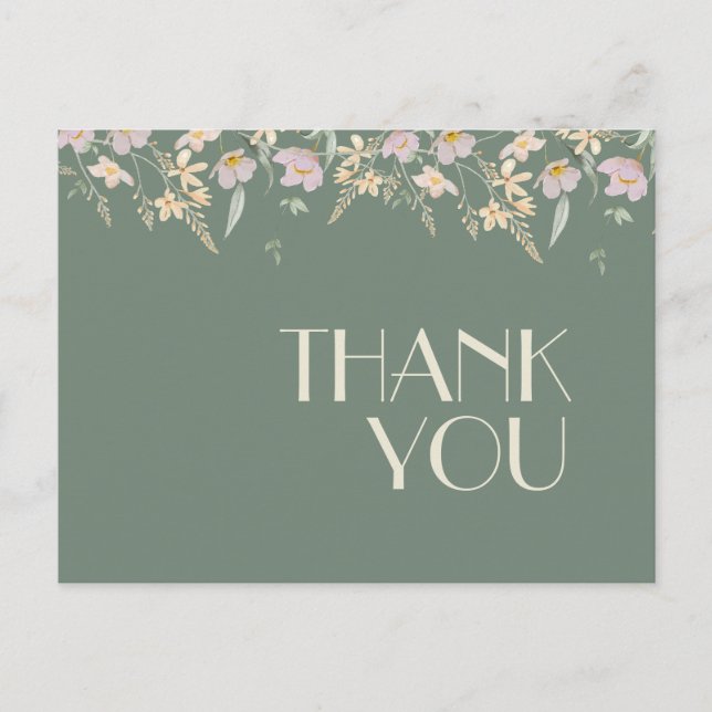 Wildflower Sage Deco Wedding Thank You Postcard (Front)