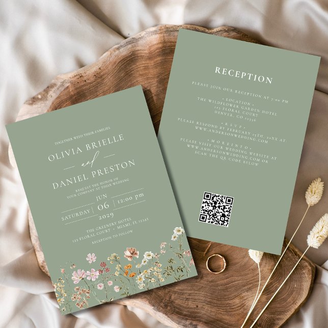 Wildflower Sage Green All in One QR Code Wedding Invitation (Creator Uploaded)