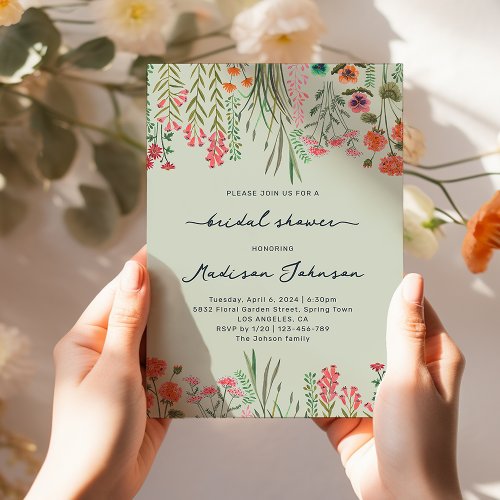 Wildflower Sage Green and Peach Bridal Shower Invitation