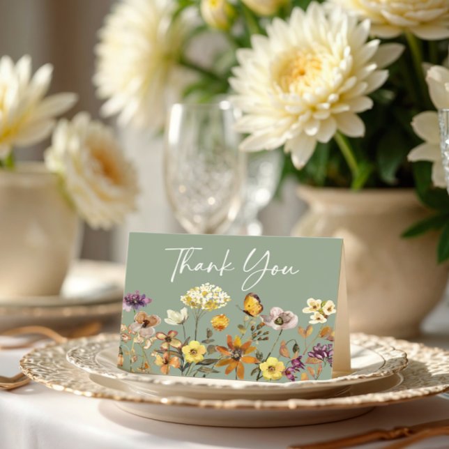  Wildflower Sage Green Boho Wedding Thank You Card (Creator Uploaded)